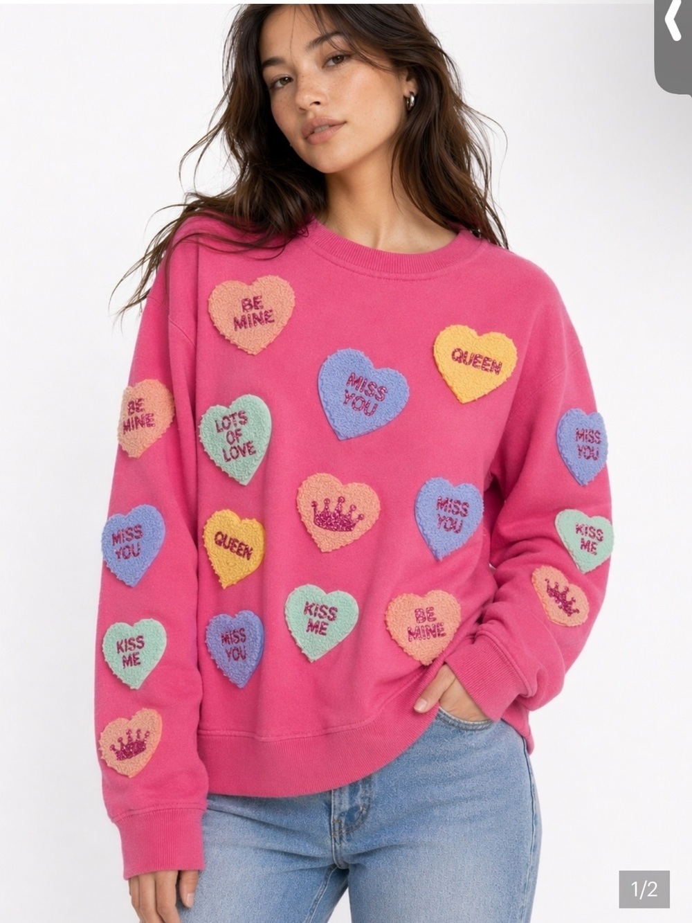 CONVERSATION HEART SHERPA PUFF CREWNECK!!! Cute!! L